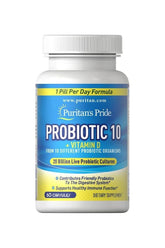 Puritan's Pride Probiotic 10 supplement bottle with 60 veggie capsules for digestive health and immune support.