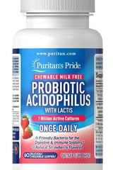 Puritan's Pride Probiotic Acidophilus, chewable dietary supplement for digestive health, natural strawberry flavor.