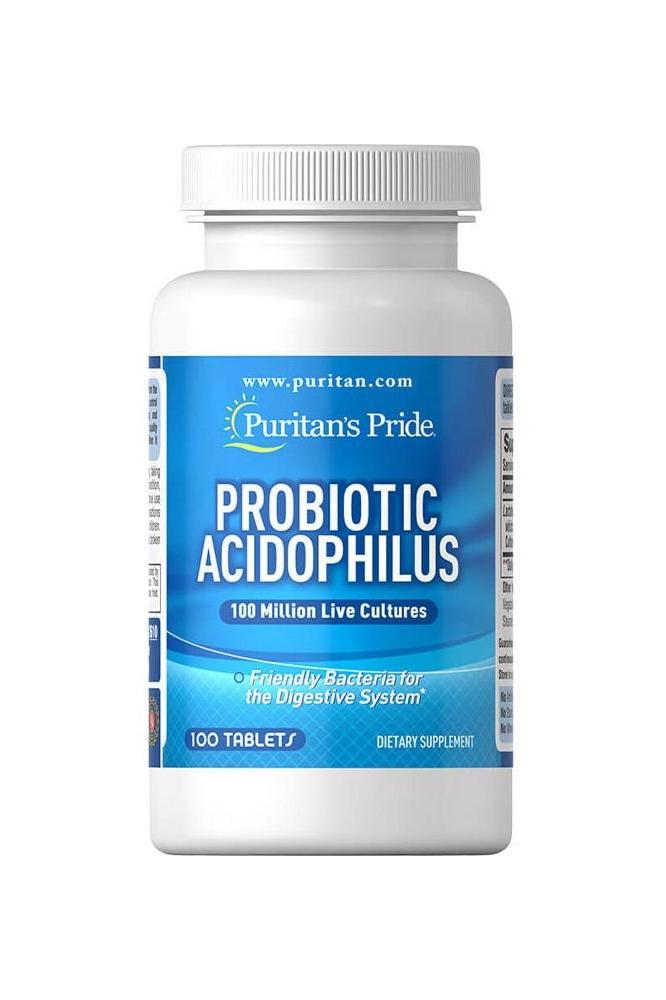 Puritan's Pride Probiotic Acidophilus supplement bottle for digestive health with 100 million live cultures.