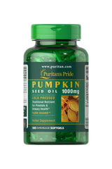 Puritan's Pride Pumpkin Seed Oil 1000mg bottle, dietary supplement for prostate and urinary health, 100 softgels.