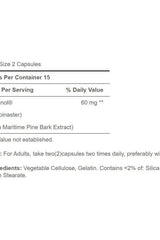 Nutrition label for Puritan's Pride Pycnogenol capsules, detailing serving size, ingredients, and daily values.