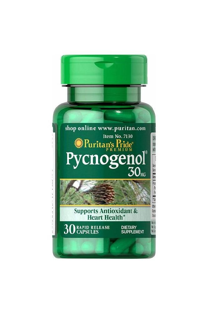 Puritan's Pride Pycnogenol 30MG capsules in green bottle promoting heart health and antioxidants