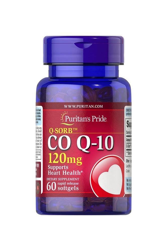 Puritan's Pride Q-SORB Co Q-10 120 mg dietary supplement bottle, 60 softgels for cardiovascular health.
