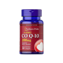 Puritan's Pride Q-Sorb CO Q-10 200 mg softgel bottle supporting heart health, 30 rapid release servings.