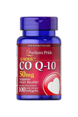 Puritan's Pride Q-SORB Co Q-10 50 mg softgels bottle supporting heart health and antioxidant support.