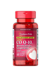 Puritan's Pride Q-SORB Co Q-10, Resveratrol & Grapeseed supplement bottle with 60 softgels for antioxidant support.