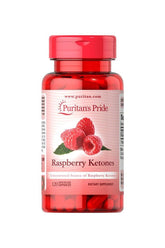 Puritan's Pride Raspberry Ketones 100 mg supplement bottle with 120 caplets for weight loss and metabolism support.