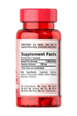 Puritan's Pride Raspberry Ketones 100 mg, 120 caplets bottle showcasing supplement facts and directions.