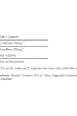 Supplement facts for Puritan's Pride Raspberry Ketones and White Kidney Bean 600mg Complex capsules.