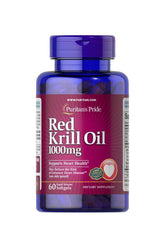Puritan's Pride Red Krill Oil 1000mg supplement bottle with 60 softgels for heart health support