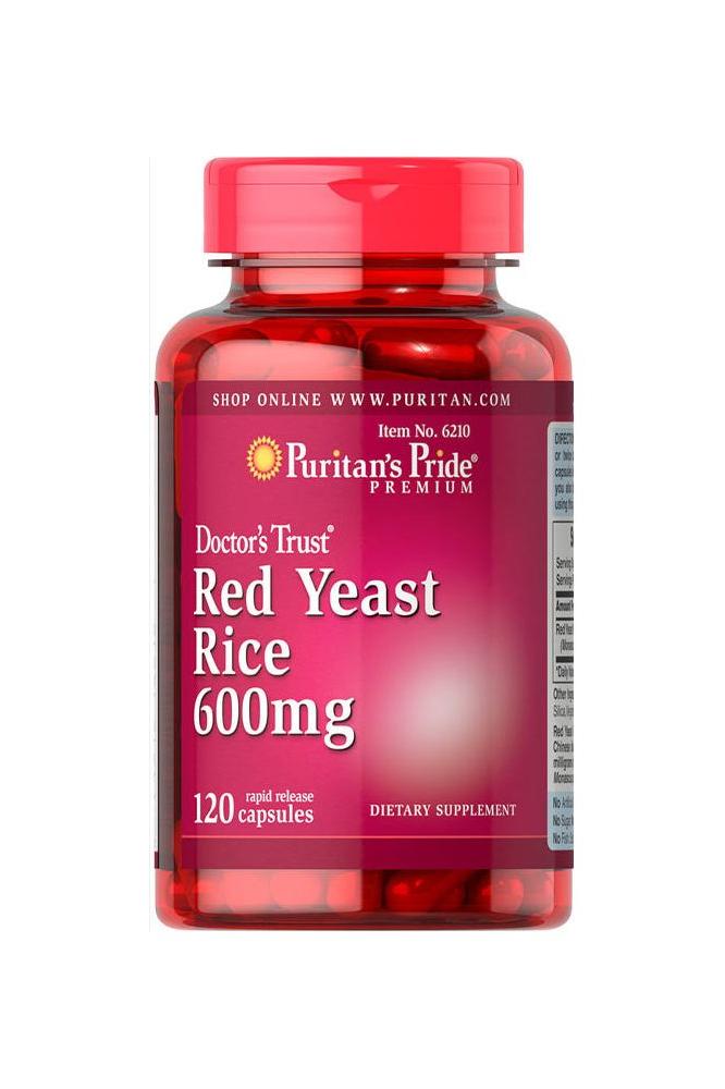 Puritan's Pride Red Yeast Rice 600 mg dietary supplement bottle with 120 capsules.