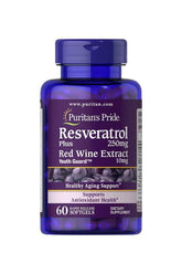 Puritan's Pride Resveratrol supplement bottle with 250mg of red wine extract, supports antioxidant health and healthy aging.