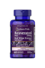 Puritan's Pride Resveratrol supplement bottle with 250mg of red wine extract, supports antioxidant health and healthy aging.