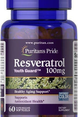 Puritan's Pride Resveratrol supplement bottle, 100mg, supports healthy aging and antioxidant health.