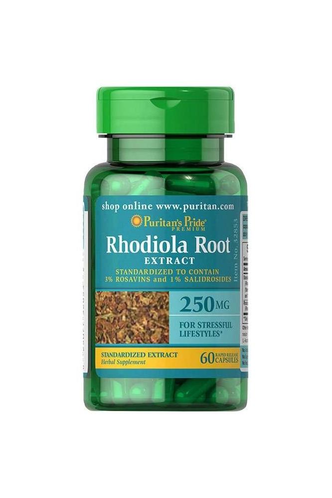 Puritan's Pride Rhodiola Root Extract 250 mg, 60 capsules for stress relief and overall wellness.