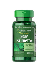 Puritan's Pride Saw Palmetto 450 mg supplement bottle, 100 capsules for prostate and urinary health support.