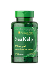Puritan's Pride Sea Kelp 150 mcg dietary supplement bottle with 250 tablets, rich in natural iodine.