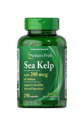 Puritan's Pride Sea Kelp 200 mcg supplement bottle, 250 capsules for healthy thyroid function.