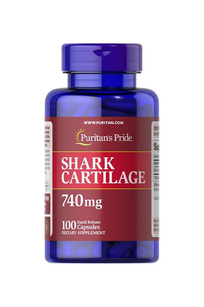 Puritan's Pride Shark Cartilage 740 mg supplement bottle with 100 capsules, supports joint health.