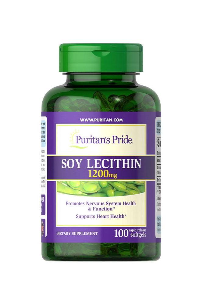 Puritan's Pride Soy Lecithin 1200mg supplement bottle, 100 softgels for brain and heart health.