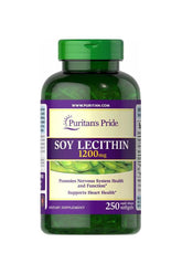 Puritan's Pride Soy Lecithin 250 softgels bottle, promotes nervous system health and supports heart health.