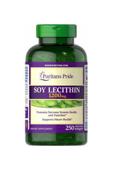 Puritan's Pride Soy Lecithin 250 softgels bottle, promotes nervous system health and supports heart health.
