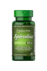 Puritan's Pride Spirulina 500 mg bottle containing vegetarian dietary supplement with vitamins, minerals, and amino acids.