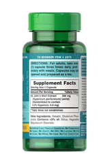 Puritan's Pride St. John's Wort standardized extract capsules bottle showing supplement facts and directions.