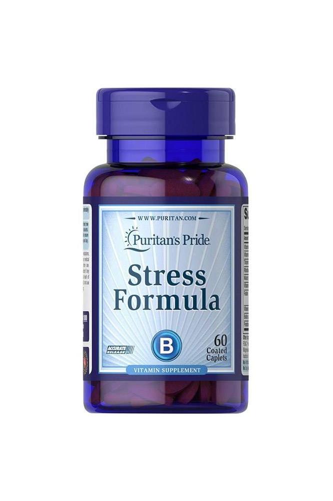 Puritan's Pride Stress Formula 60 Caplets vitamin supplement for energy metabolism and nervous system health.