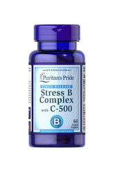 Puritan's Pride Stress B Complex with C-500 supplement bottle, 60 coated caplets for immune support and energy.