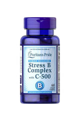 Puritan's Pride Stress B Complex with C-500 supplement bottle, 60 coated caplets for immune support and energy.