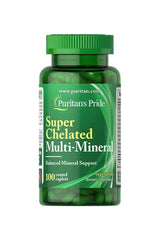 Puritan's Pride Super Chelated Multi-Mineral supplements in a green bottle with 100 coated caplets for balanced mineral support.