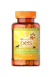 Puritan's Pride Super Pet Vites bottle for dogs and cats, 100 tablets, vitamin and mineral supplement.