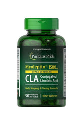 Puritan's Pride Myo-Leptin CLA 1500 mg supplement bottle with 90 softgels for body shaping and toning.