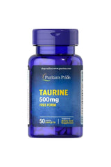 Puritan's Pride Taurine 500 mg caplets supplement bottle with blue label, 50 count.