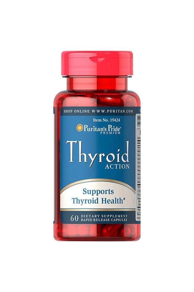 Puritan's Pride Thyroid Action 60 capsules bottle, supports thyroid health, dietary supplement for wellness.