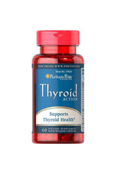 Puritan's Pride Thyroid Action 60 capsules bottle, supports thyroid health, dietary supplement for wellness.