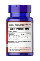 Puritan's Pride Tribulus Terrestris 250 mg supplement facts on blue bottle with 90 capsules.