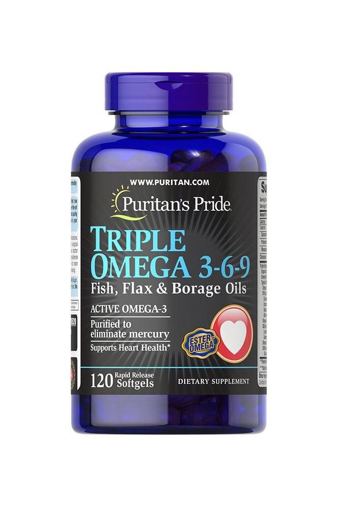 Puritan's Pride Triple Omega 3-6-9 Fish, Flax & Borage Oils - 120 softgels for heart health and circulation support.