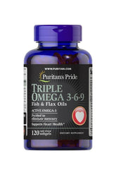 Puritan's Pride Triple Omega 3-6-9 Fish & Flax Oils, 120 softgels for heart health support.