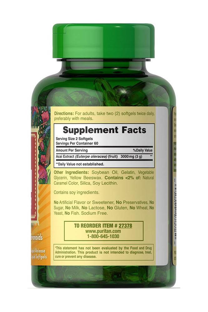 Puritan's Pride Triple Strength Acai supplement bottle displaying 3000 mg acai and supplement facts. Puritan's Pride Triple Strength Acai supplement bottle displaying 3000 mg acai and supplement facts.
