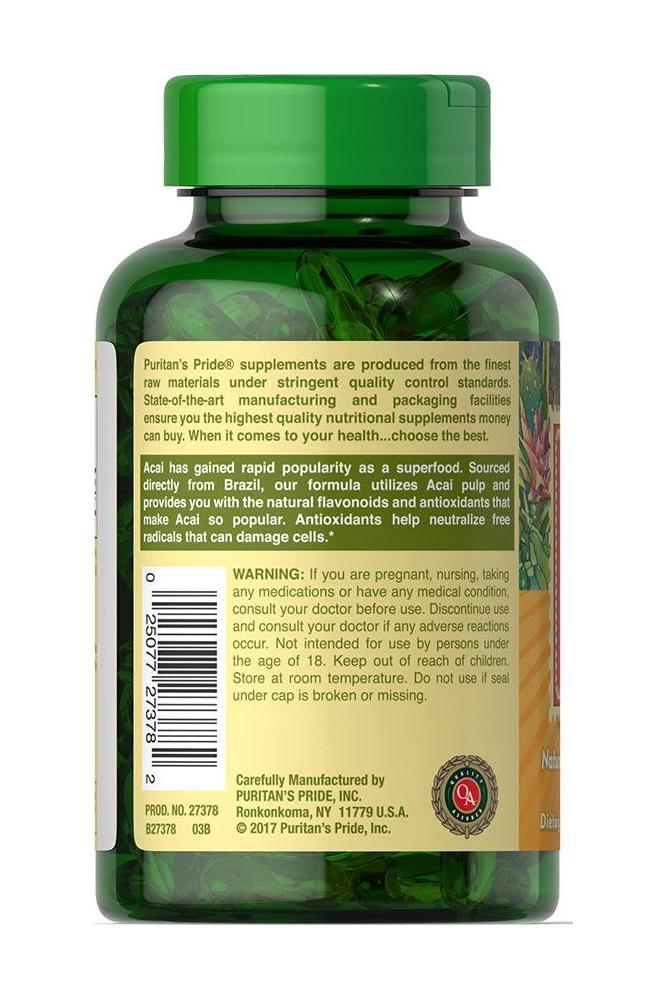 Puritan's Pride Triple Strength Acai 3000 mg softgel bottle with nutritional information and benefits. Puritan's Pride Triple Strength Acai 3000 mg softgel bottle with nutritional information and benefits.