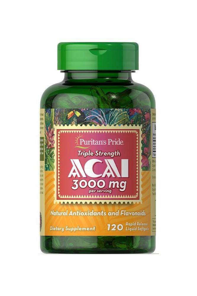 Puritan's Pride Triple Strength Acai 3000 mg dietary supplement bottle with 120 softgels for natural antioxidants.