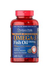Puritan's Pride Triple Strength Omega-3 Fish Oil 1360 mg supplement bottle with 120 softgels for heart health support.