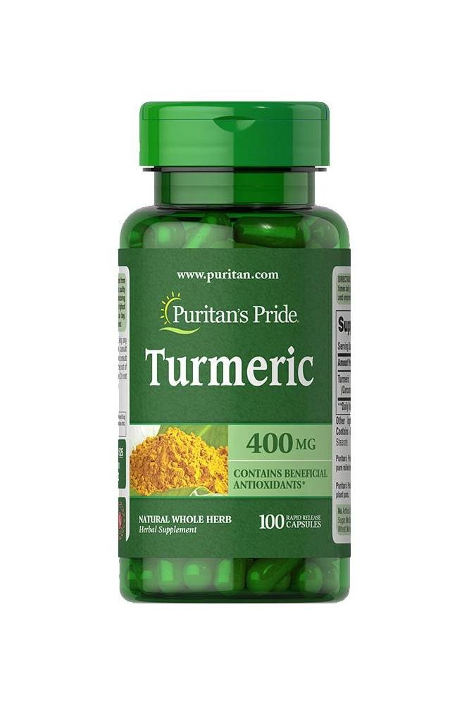 Puritan's Pride Turmeric 400 mg supplement bottle with 100 capsules, supports joint health and overall wellness.