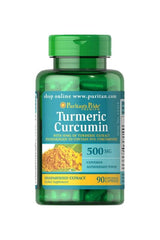 Puritan's Pride Turmeric Curcumin 500 mg supplement bottle with 90 capsules for antioxidants and joint support.