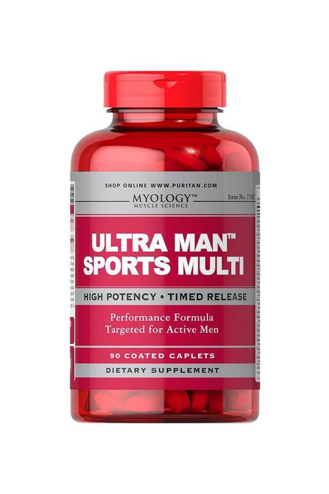 Puritan's Pride Ultra Man Sports Multivitamins 90 caplets bottle, high potency timed release for active men.
