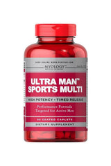 Puritan's Pride Ultra Man Sports Multivitamins 90 caplets bottle, high potency timed release for active men.