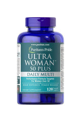 Puritan's Pride Ultra Woman 50 Plus Multi-Vitamin bottle, a daily supplement for women over 50, featuring antioxidant support.