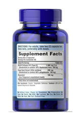 Puritan's Pride Ultra Women Collagen supplement facts label on blue bottle with dosage and ingredient details.